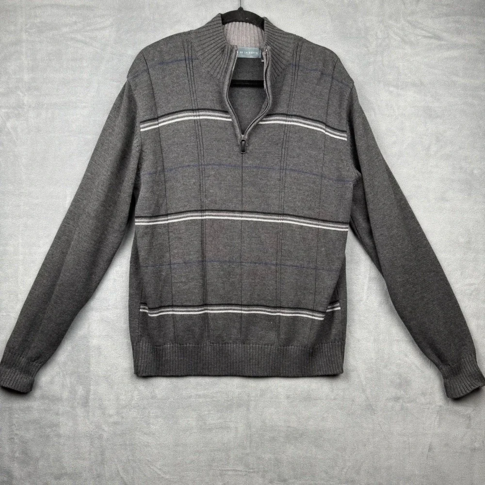 Oscar de la Renta Men's Gray‎ Plaid Quarter Zip Knit Sweater XL Cotton Acrylic